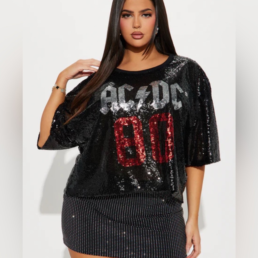 Fashion Nova - AC/DC Cropped Sequin Top- 3X Black
